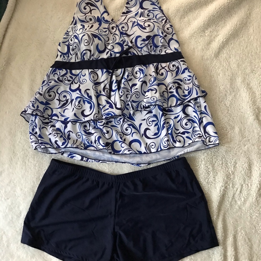 Blue & white plus size bathing suit